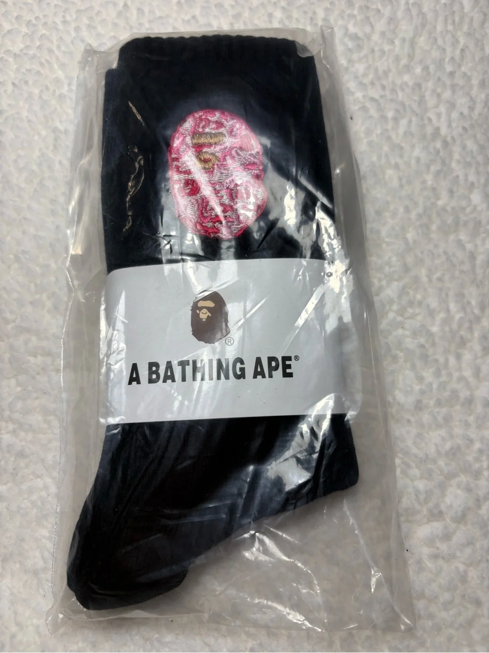 A Bathing Ape Black Crew Socks with Pink Logo new
